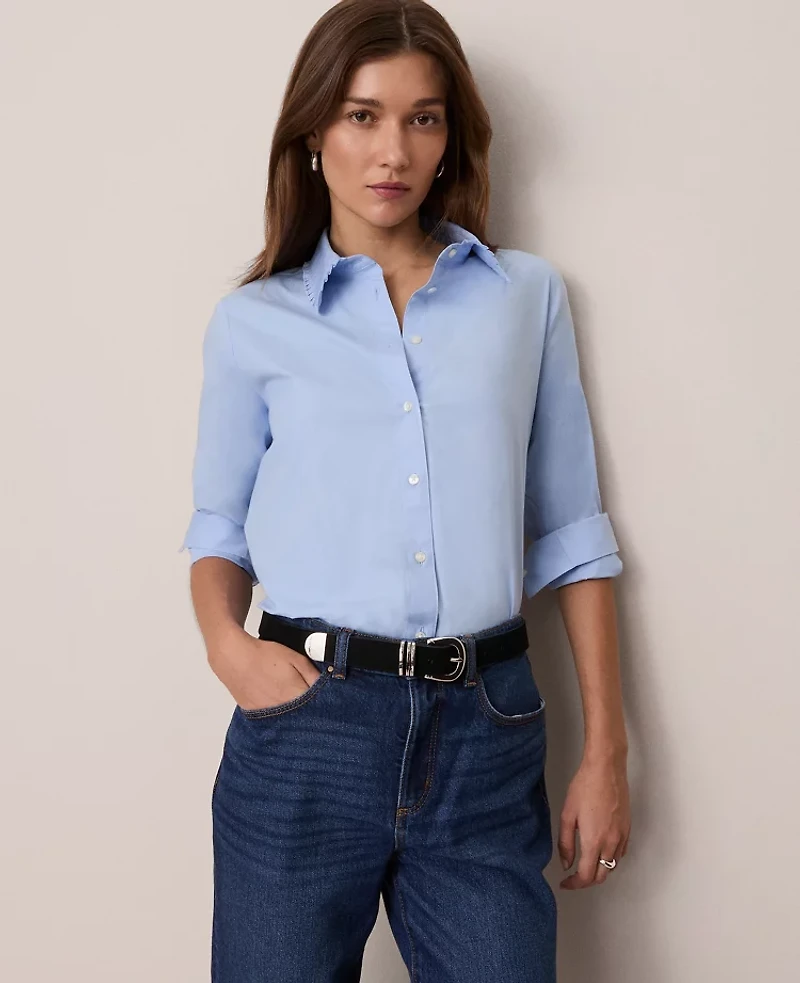 Ann Taylor Weekend Collection Ruffle Collar Modern Shirt Gentle Stream Women's