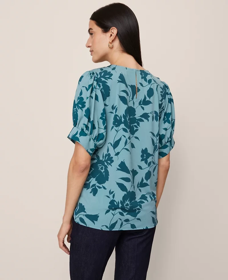 Ann Taylor Floral Mixed Media Gathered Sleeve Top Deep Atlantic Teal Women's