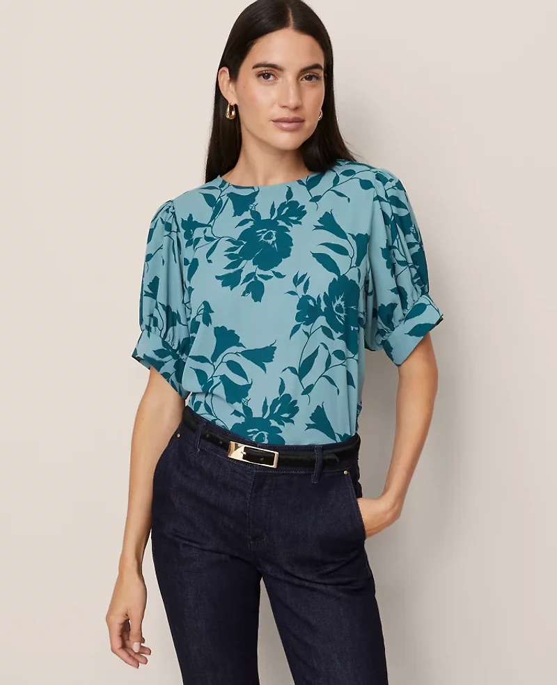 Ann Taylor Floral Mixed Media Gathered Sleeve Top Deep Atlantic Teal Women's