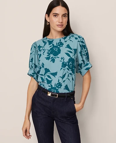 Ann Taylor Floral Mixed Media Gathered Sleeve Top Deep Atlantic Teal Women's