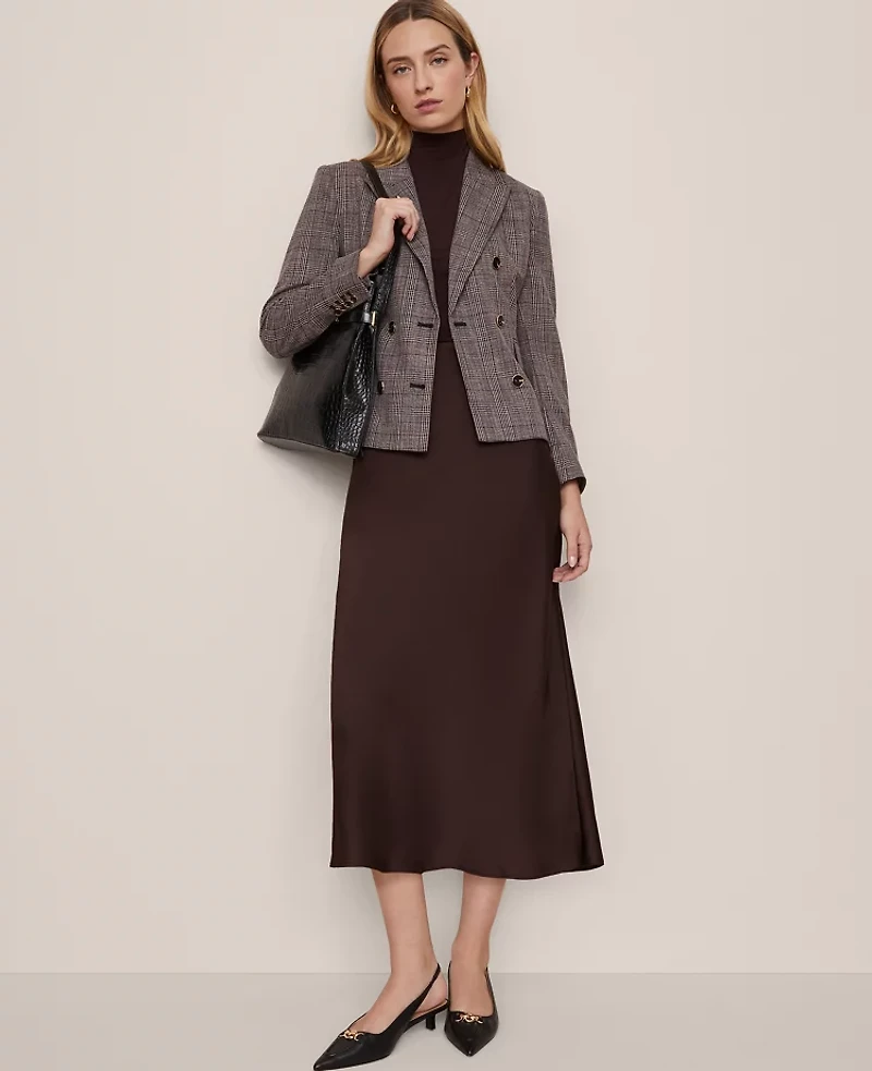 Ann Taylor The Petite Fitted Double Breasted Blazer Plaid Black/Brown Multi Women's
