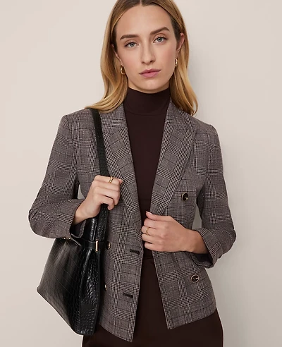 Ann Taylor The Petite Fitted Double Breasted Blazer Plaid Black/Brown Multi Women's