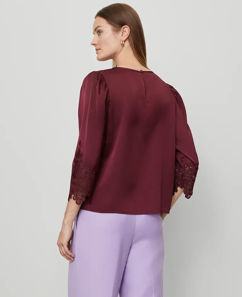 Ann Taylor Petite Satin Lace Trim Top Windsor Wine Women's