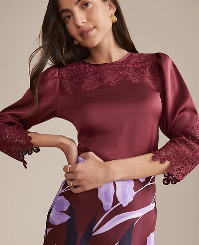 Ann Taylor Petite Satin Lace Trim Top Windsor Wine Women's