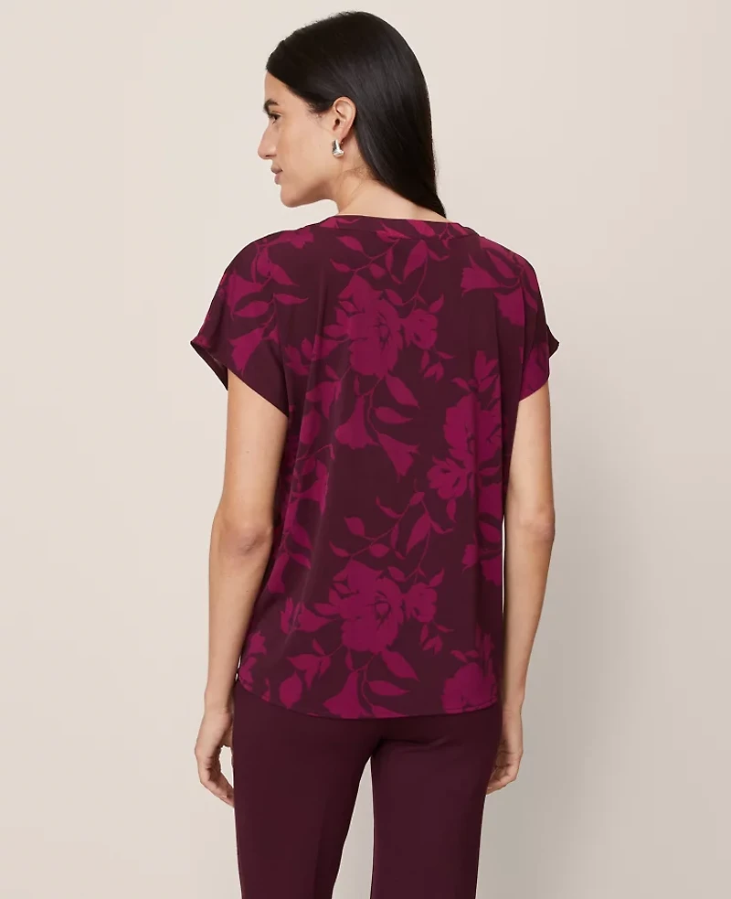 Ann Taylor Floral Mixed Media Pleat Front Top Poised Plum Women's