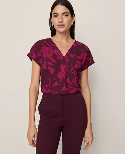 Ann Taylor Floral Mixed Media Pleat Front Top Poised Plum Women's
