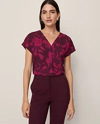 Ann Taylor Floral Mixed Media Pleat Front Top Poised Plum Women's