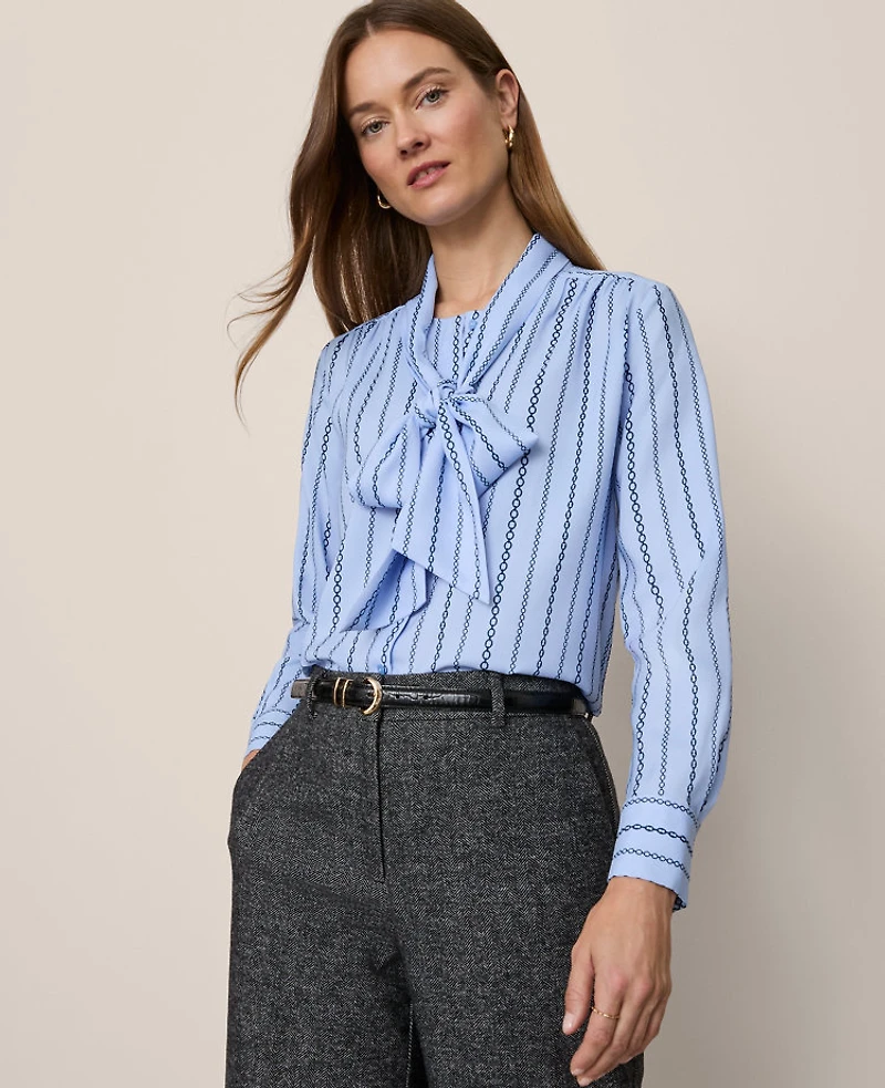 Ann Taylor Chain Link Print Satin Bow Blouse Gentle Stream B Women's