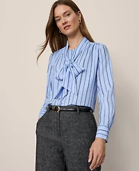 Ann Taylor Chain Link Print Satin Bow Blouse Gentle Stream B Women's
