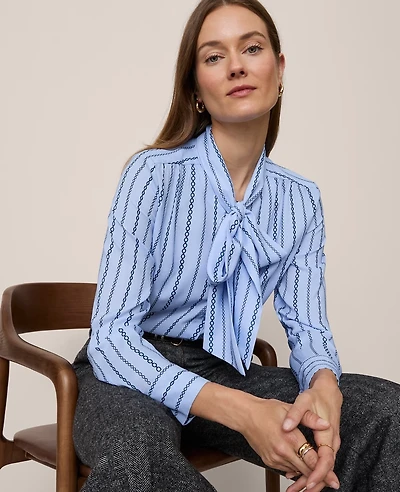 Ann Taylor Chain Link Print Satin Bow Blouse Gentle Stream B Women's