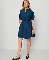 Ann Taylor Petite Weekend Collection Stand Collar Belted Dress Size Large Moonlit Backdrop Women's