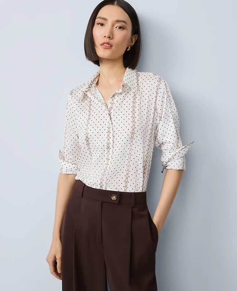 Ann Taylor Striped Satin Essential Shirt Winter White Women's