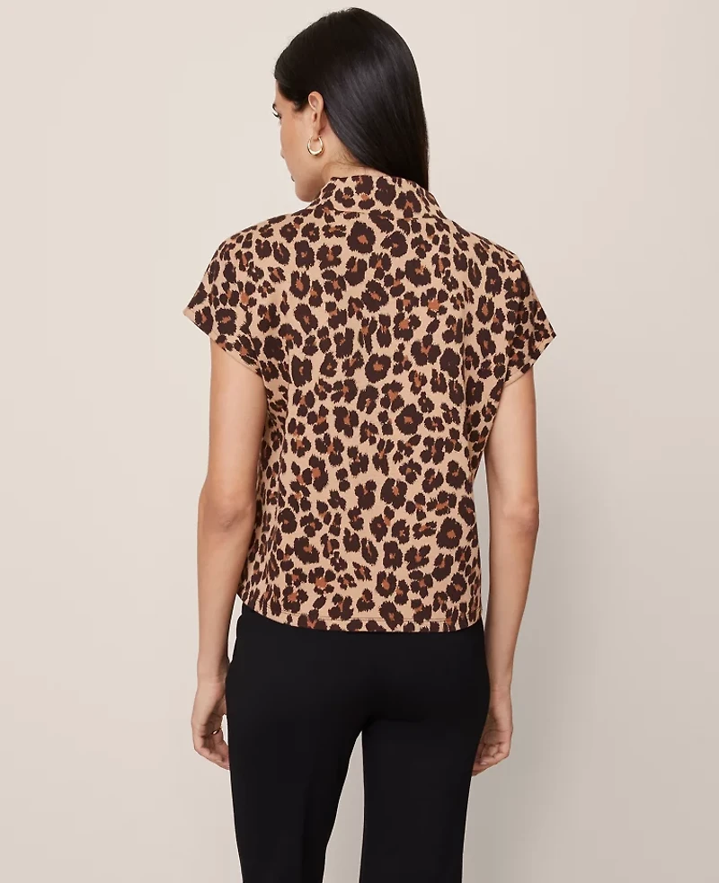 Ann Taylor Petite Animal Print Horsebit Mock Neck Top Almond Croissant Women's