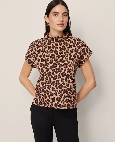 Ann Taylor Petite Animal Print Horsebit Mock Neck Top Almond Croissant Women's