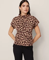 Ann Taylor Petite Animal Print Horsebit Mock Neck Top Almond Croissant Women's