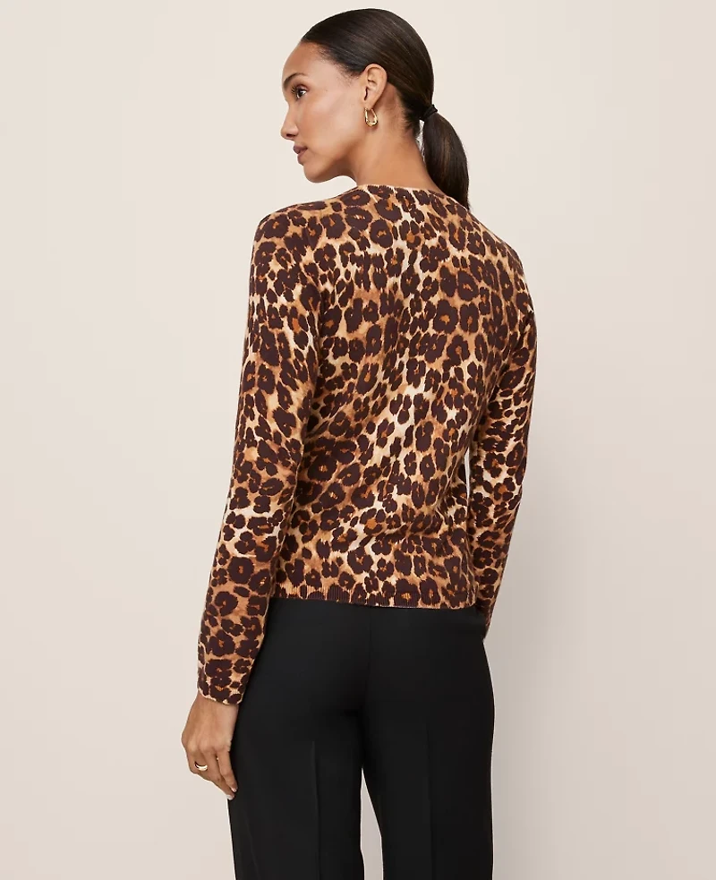 Ann Taylor Petite Animal Print Essential Crew Neck Sweater Brown Women's