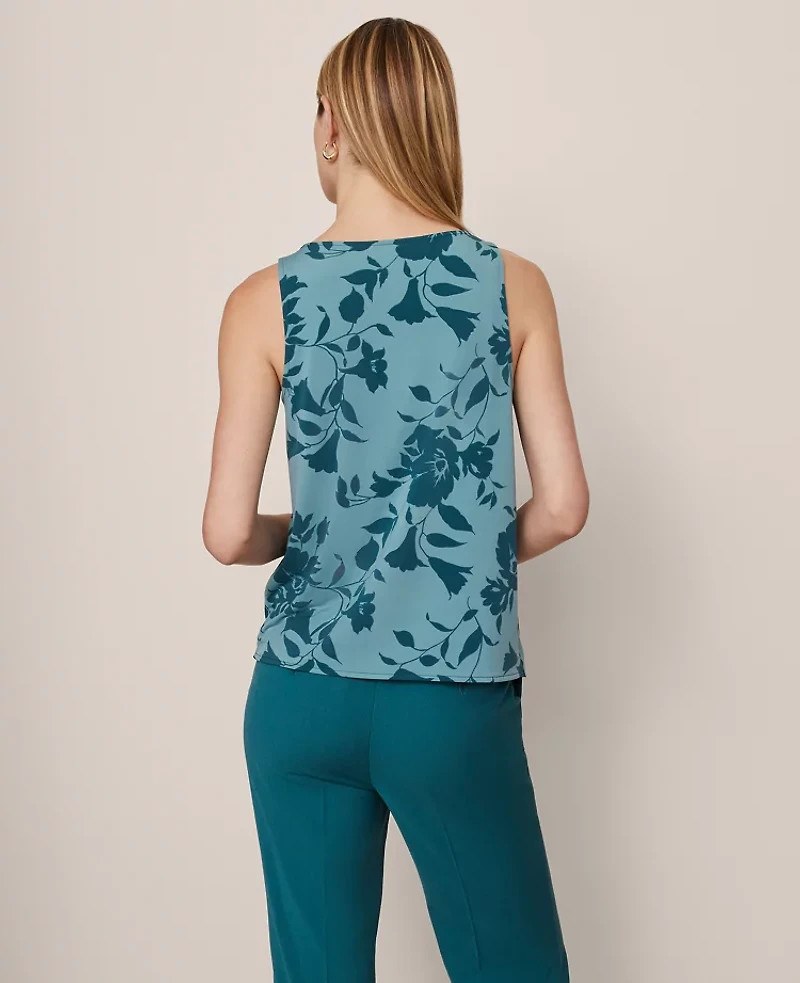 Ann Taylor Petite Floral Mixed Media V-Neck Shell Top Deep Atlantic Teal Women's