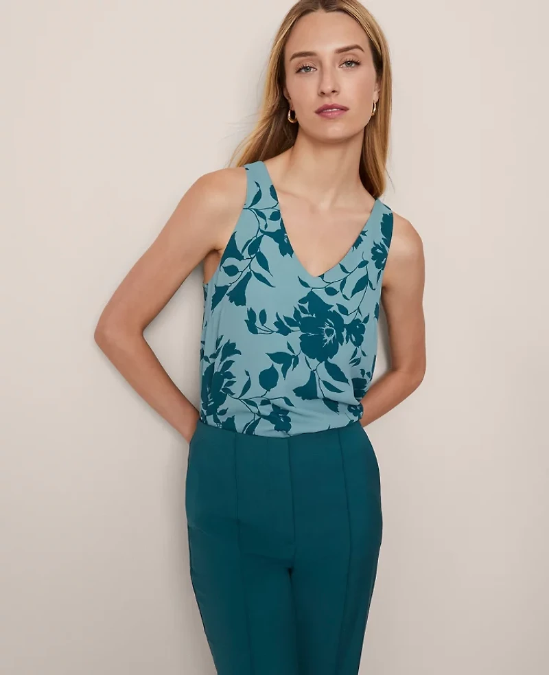 Ann Taylor Petite Floral Mixed Media V-Neck Shell Top Deep Atlantic Teal Women's
