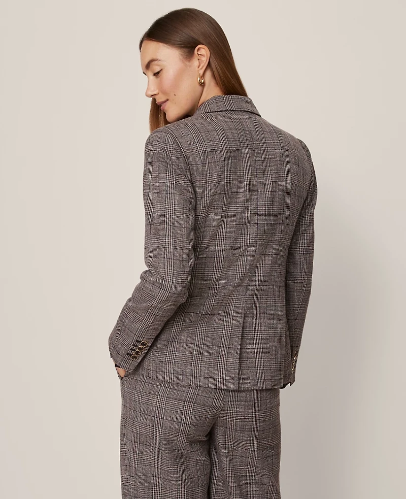 Ann Taylor The Notched One Button Blazer Plaid Black/Brown Multi Women's