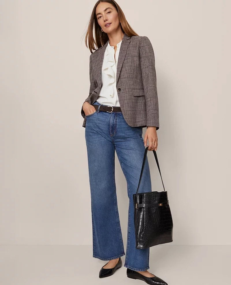 Ann Taylor The Notched One Button Blazer Plaid Black/Brown Multi Women's