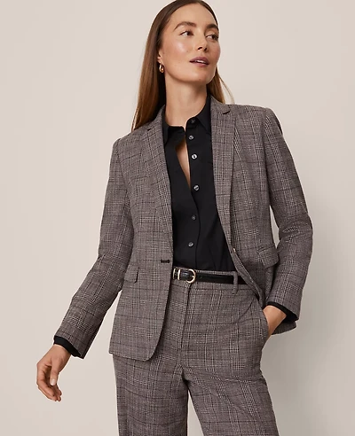Ann Taylor The Notched One Button Blazer Plaid Black/Brown Multi Women's