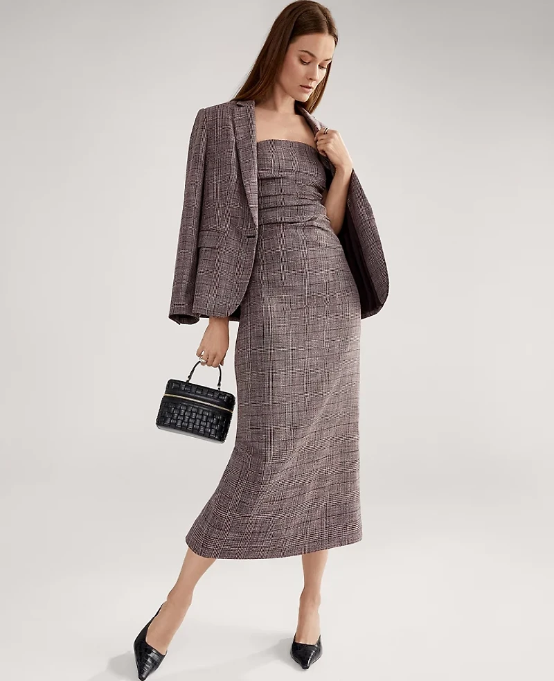 Ann Taylor Petite Gathered Strapless Midi Dress in Plaid Size 12 Black/Brown Multi Women's