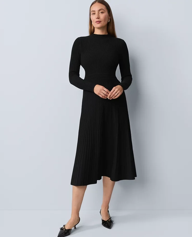 Ann Taylor Petite Ribbed Mock Neck Sweater Dress Black Women's