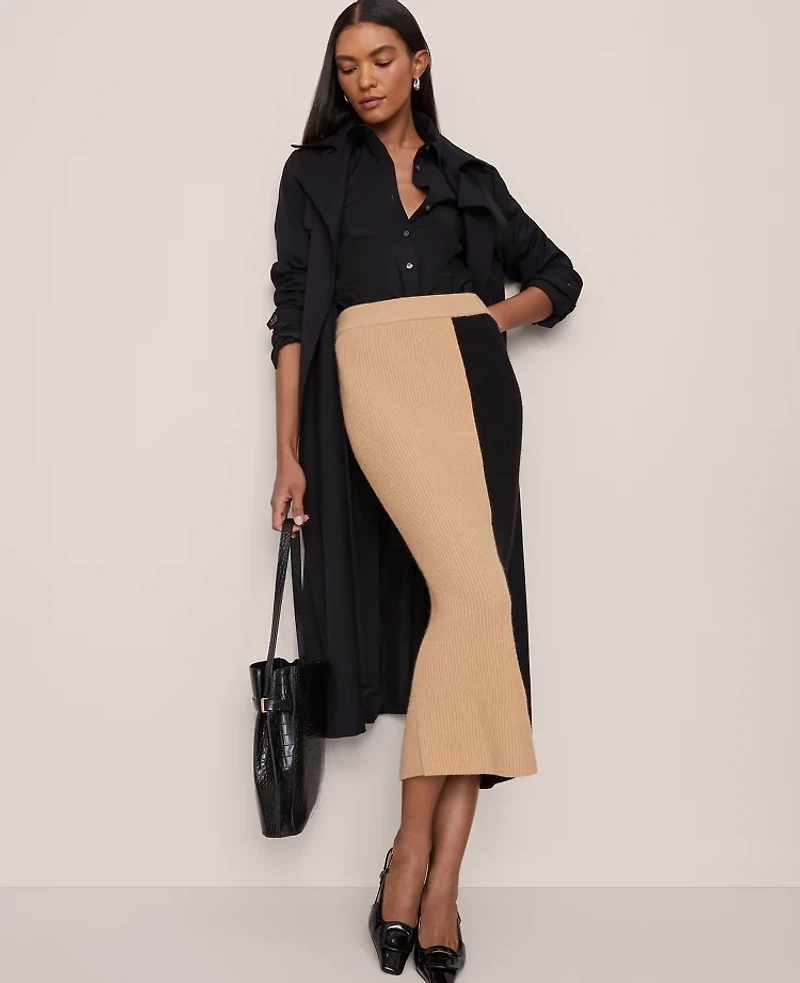 Ann Taylor Petite Colorblock Ribbed Sweater Skirt Camel Multi Women's