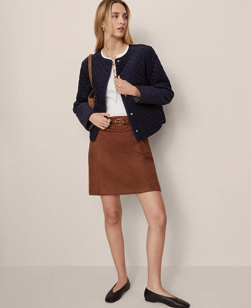 Ann Taylor Petite Weekend Collection Faux Suede Belted A-Line Skirt Rich Bronze Women's