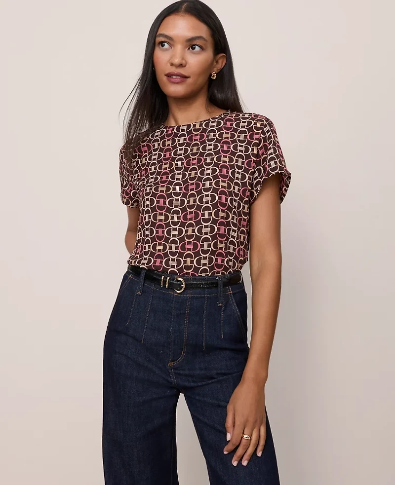 Ann Taylor Chain Link Mixed Media Crew Neck T-Shirt Pure Chocolate Women's