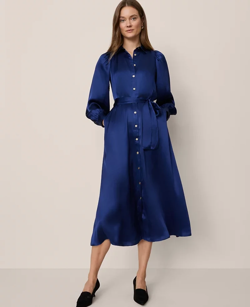 Ann Taylor Studio Collection Silk Shirtdress Dark Deep Ocean Women's