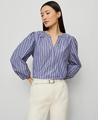 Ann Taylor Petite Striped Puff Sleeve Blouse Shaded Periwinkle Women's