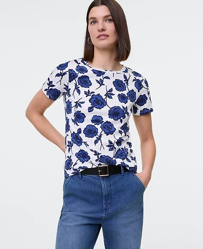 Ann Taylor Floral Crew Neck T-Shirt Electric Periwinkle Women's