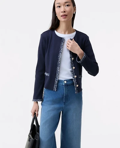 Ann Taylor Fringe Trim Knit Jacket Night Sky Women's