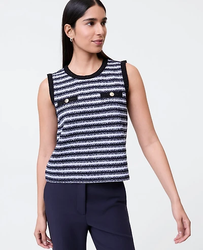 Ann Taylor Striped Tweed Trim Top Navy/White Women's