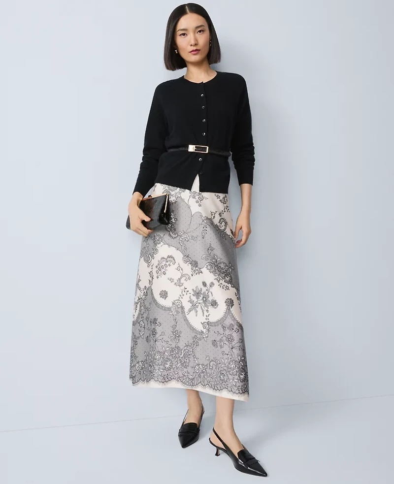 Ann Taylor Petite Floral Satin Midi Skirt Ivory Whisper Women's