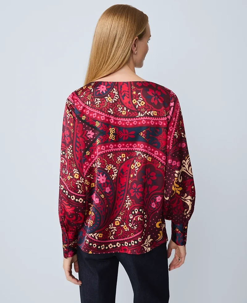 Ann Taylor Paisley Satin Boatneck Popover Top Poised Plum Women's