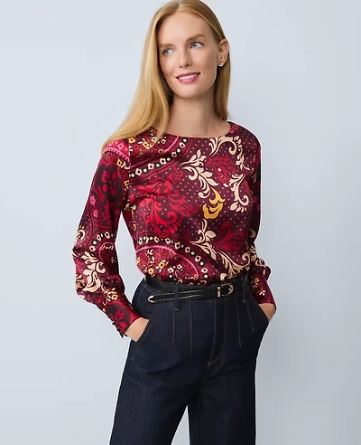 Ann Taylor Paisley Satin Boatneck Popover Top Poised Plum Women's