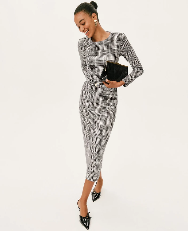 Ann Taylor Petite Plaid Belted Midi Pencil Skirt Black/White Women's