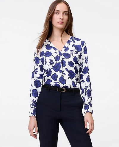 Ann Taylor Floral Mixed Media Pleat Front Top Electric Periwinkle Women's