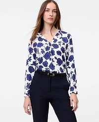 Ann Taylor Floral Mixed Media Pleat Front Top Electric Periwinkle Women's