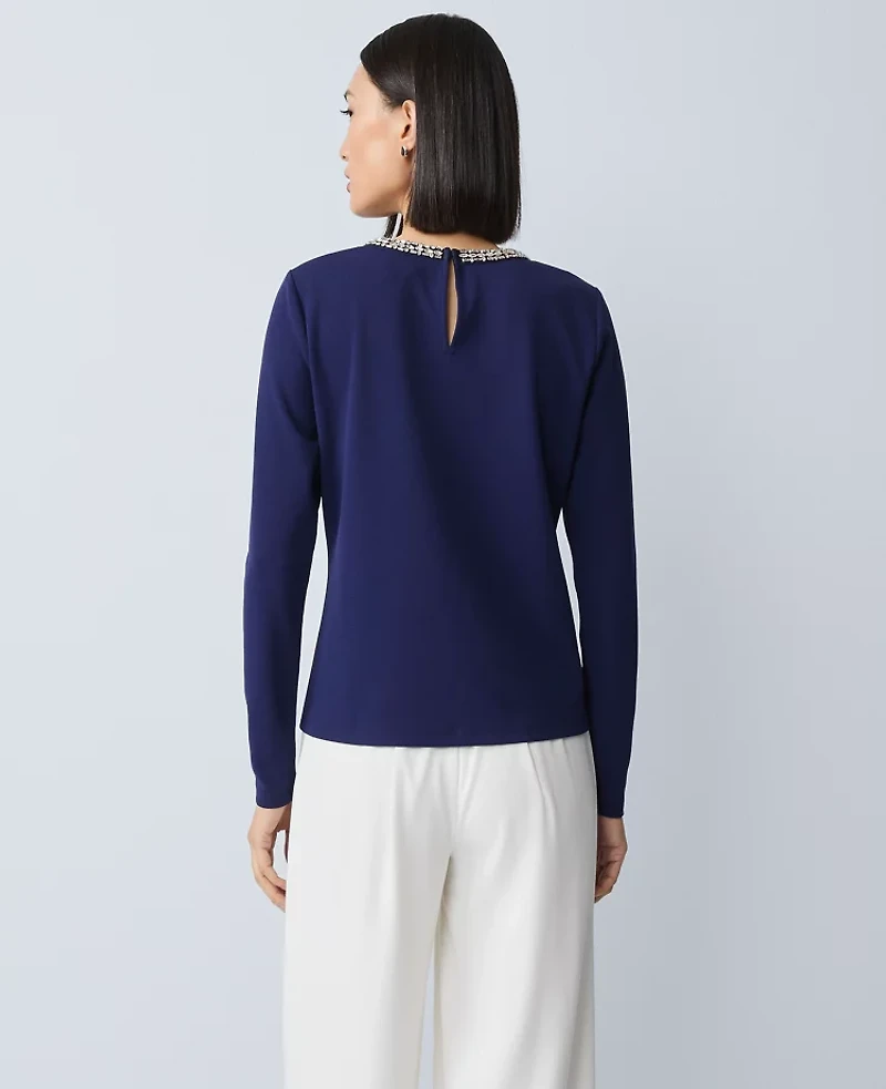 Ann Taylor Ponte Embellished Crew Neck Top Women's