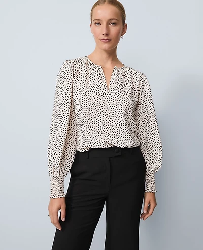 Ann Taylor Dotted Smocked Crew Neck Top Ivory Whisper Women's