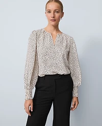 Ann Taylor Dotted Smocked Crew Neck Top Ivory Whisper Women's