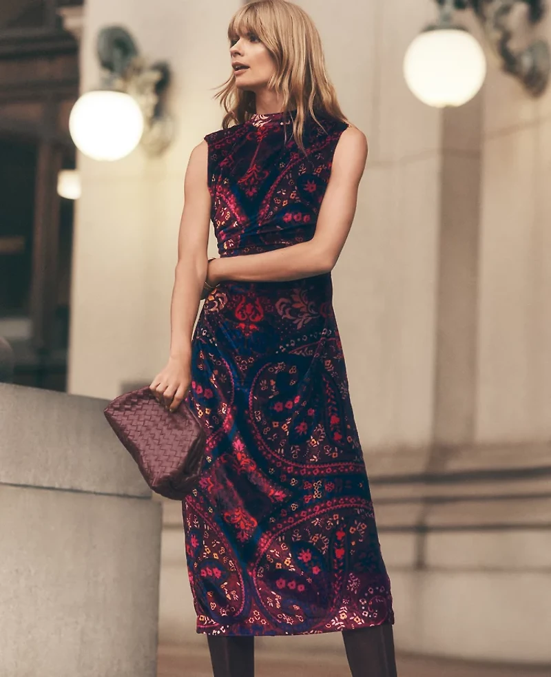 Ann Taylor Petite Paisley Velvet Midi Dress Poised Plum Women's