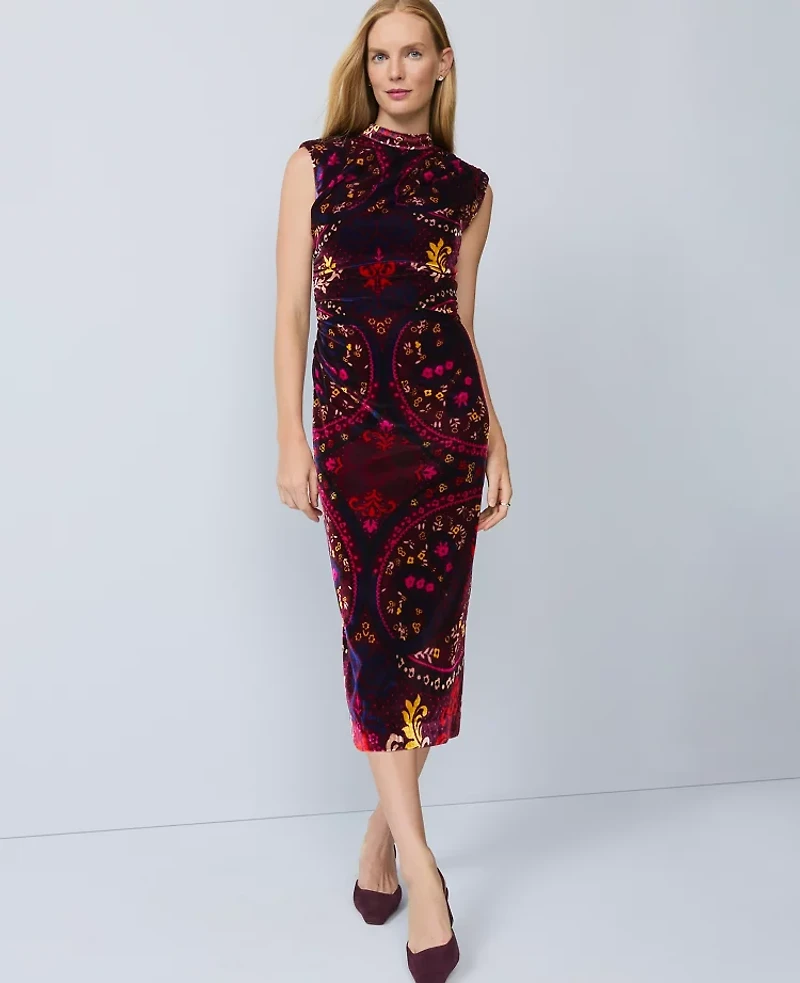 Ann Taylor Petite Paisley Velvet Midi Dress Poised Plum Women's