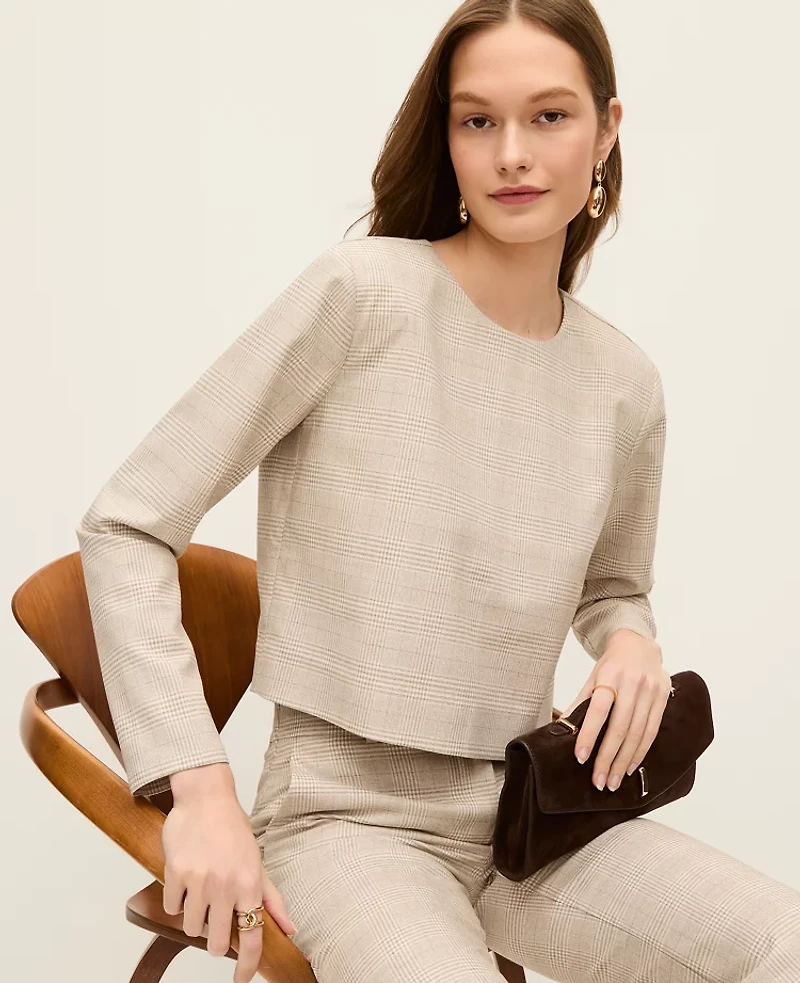 Ann Taylor Glen Check Crew Neck Top Neutral Women's