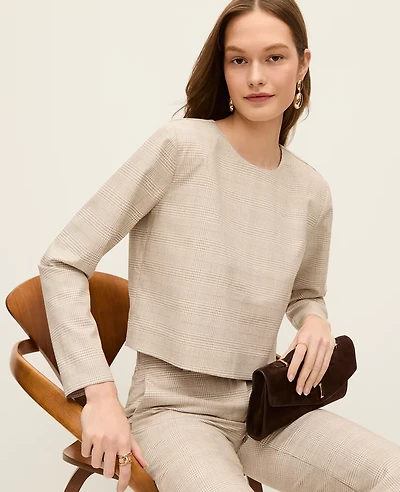 Ann Taylor Glen Check Crew Neck Top Neutral Women's