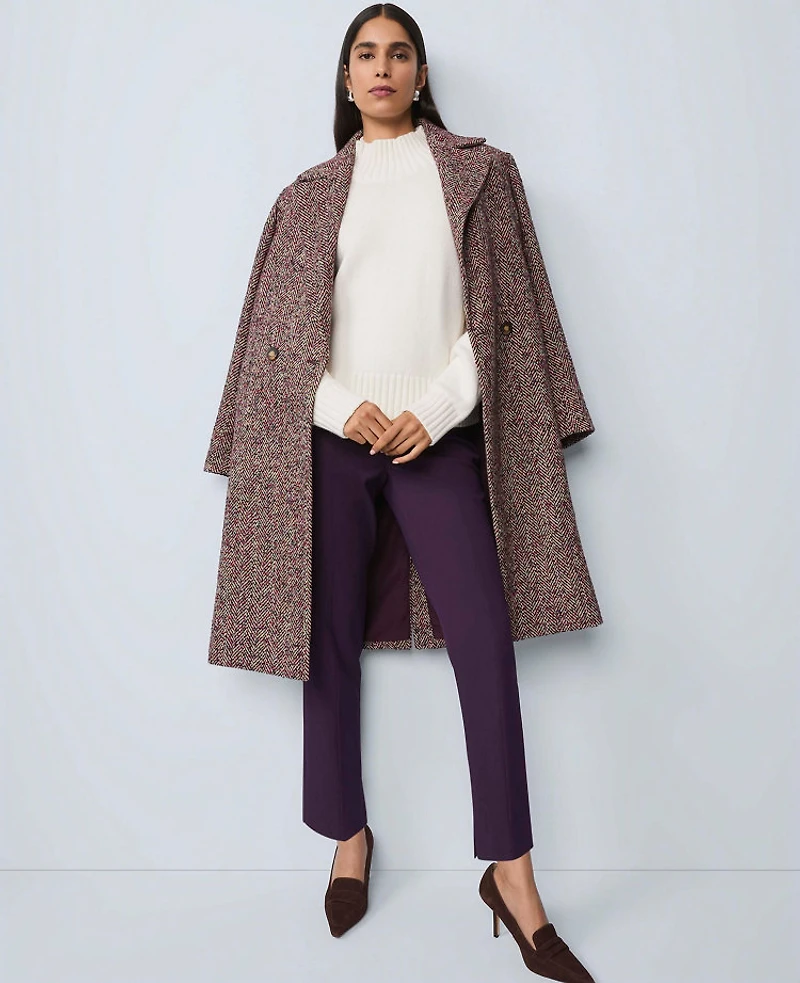Ann Taylor Herringbone Double Breasted Long Coat Red/Purple Multi Women's