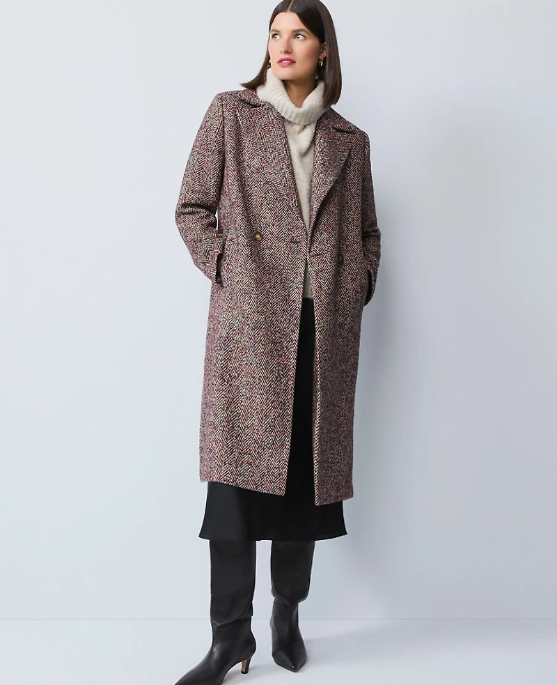 Ann Taylor Herringbone Double Breasted Long Coat Red/Purple Multi Women's